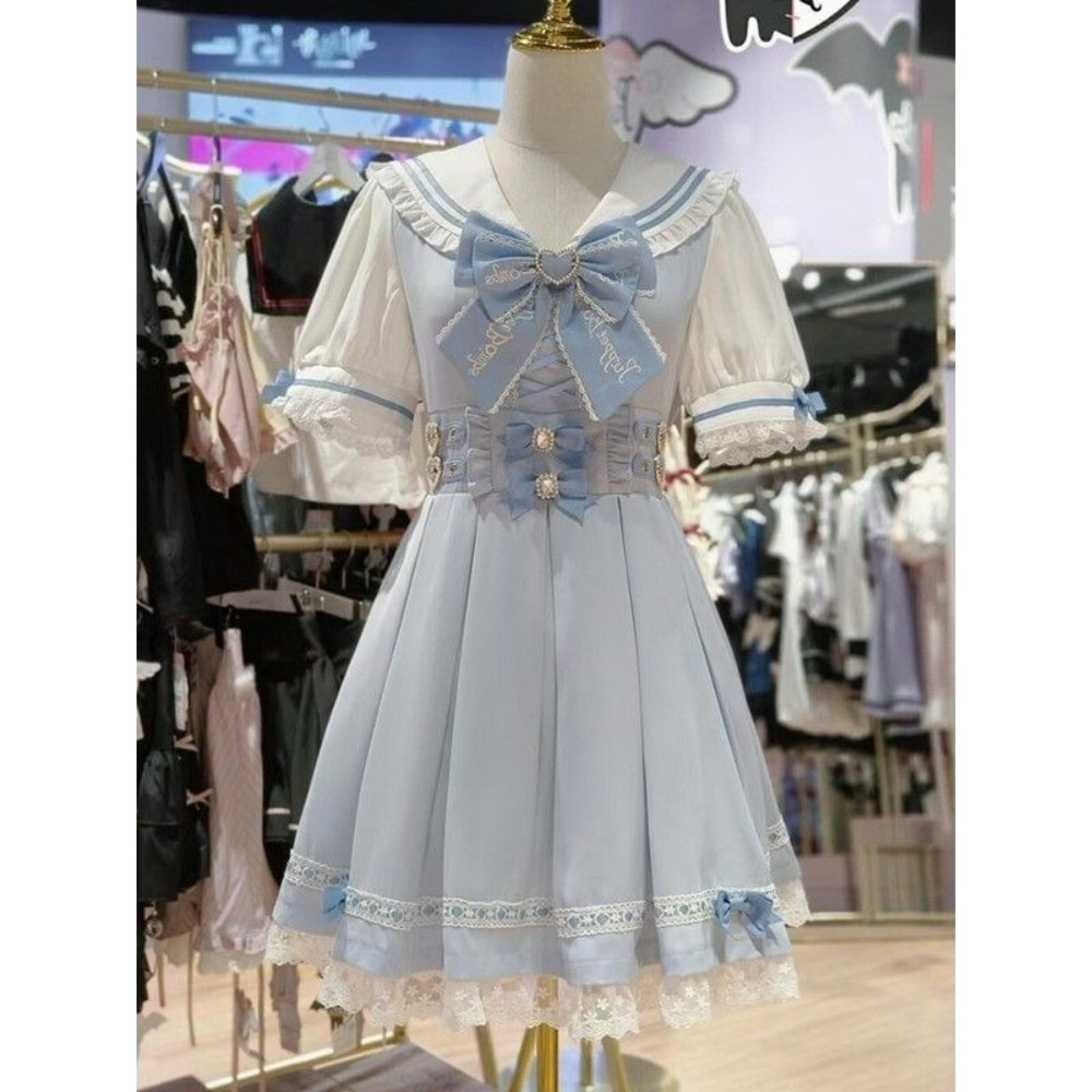 Summer Kawaii Sweet Slim Dress Women Japanese Lovely Bow Blue Lolita Dresses Female Pretty Elegant