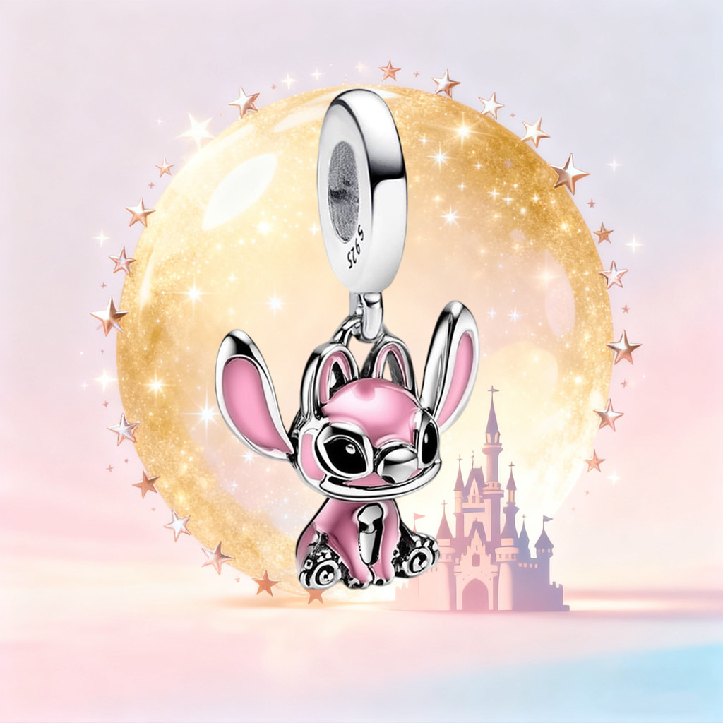 S925 Sterling Silver Disney Lilo & Stitch Angel Charm, Pink Enamel Character Pendant, Cute Disney