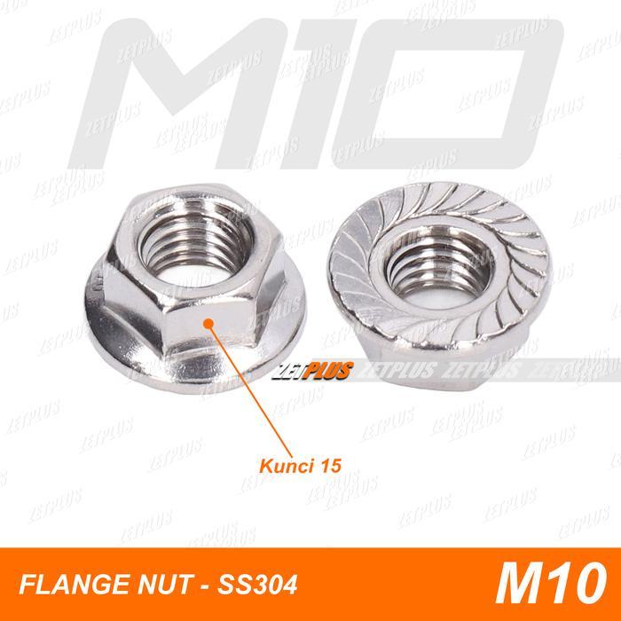 PRODUK MUR FLANGE STAINLESS M10 / flange nut SS304 A2-70 anti karat / mur topi drat halus 1.25 -