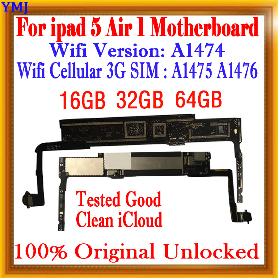 Free iCloud Logic Board For iPad 5 Air 1 Motherboard A1474 / A1475 /A1476  WIFI & WIFI Cellular SIM 