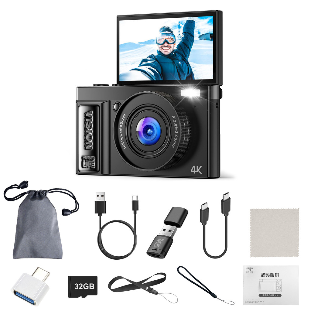 4K Digital Camera, 64 Megapixel Ultra High Definition Camera, 16X Digital Zoom 180 Degree Flip