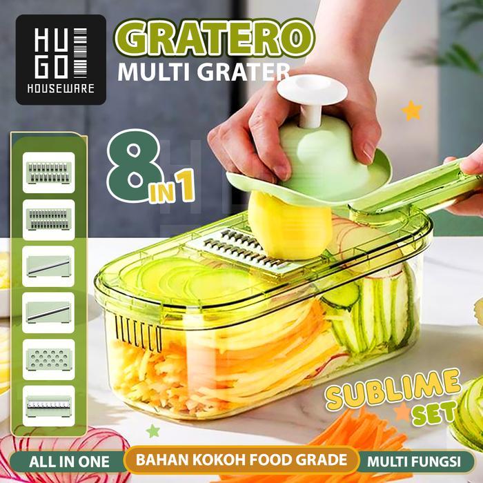 Axelons- Hugo Parutan Sayur Dan Buah 8 In 1 Parutan Serbaguna Pemotong Iris Sayur Dengan Wadah