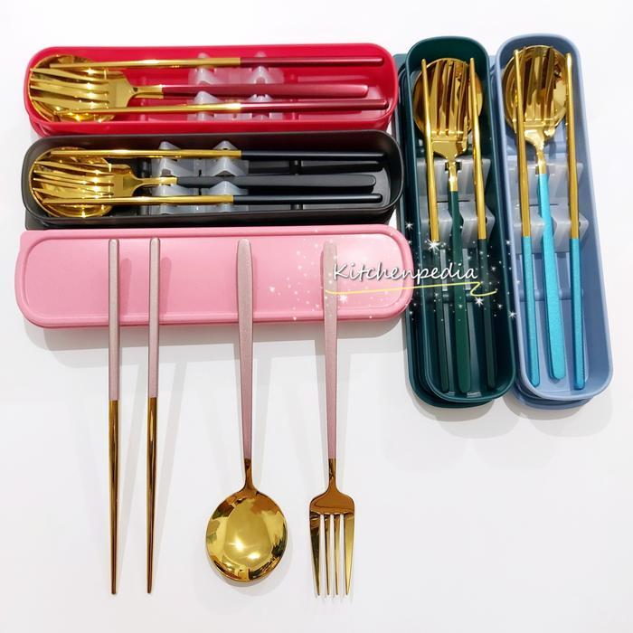 ASLI Sendok Set Alat Makan Korea Stainless Gold Tebal Gau Sumpit SUS 304 READY STOCK
