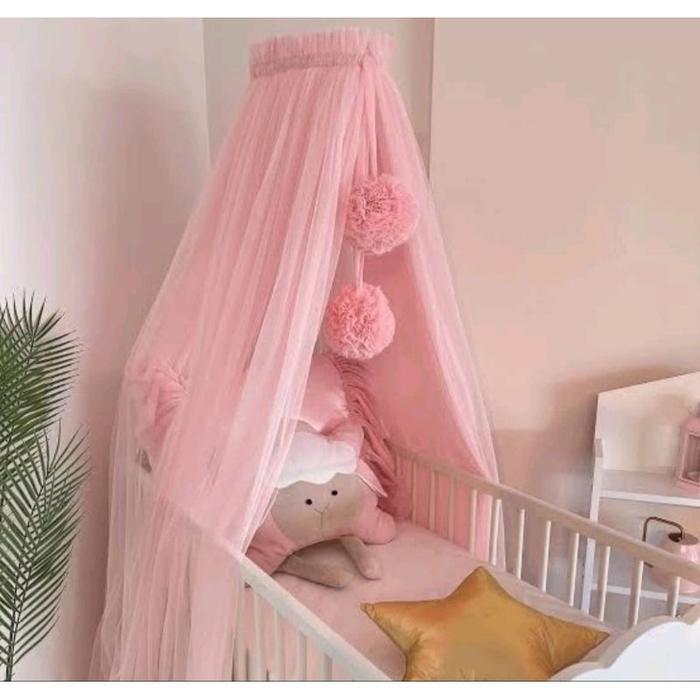 Kelambu Bayi Mewah Plus Gantungan Pompom Melindungi Bayi Di Kasur Dari Nyamuk Bahan Tile Halus