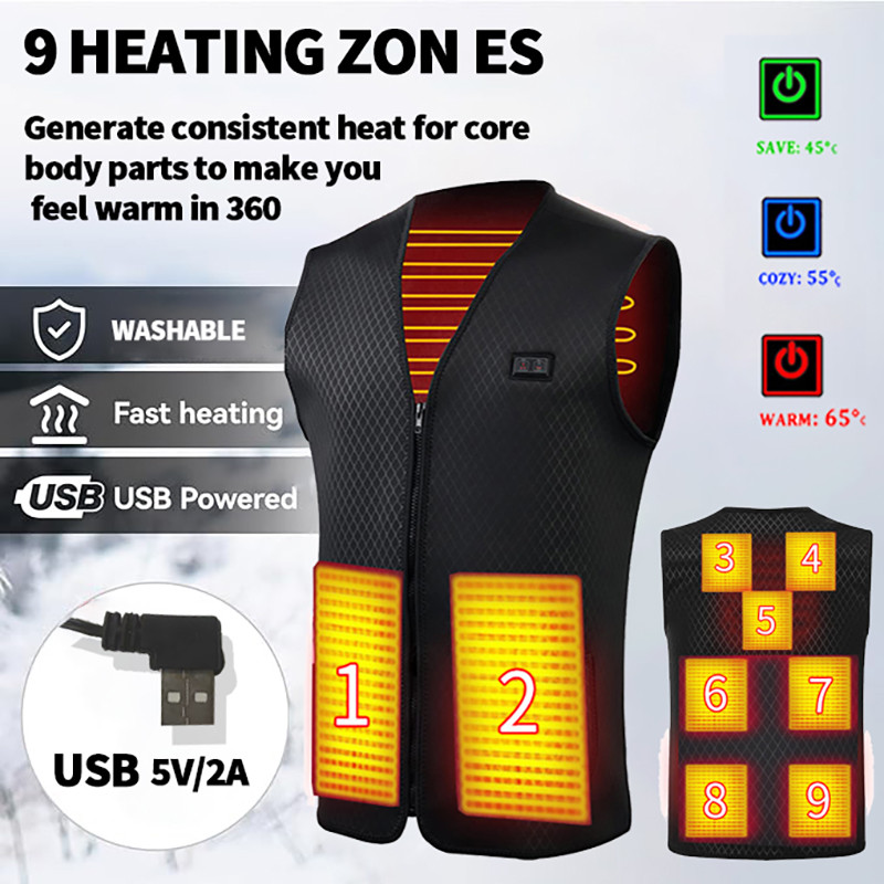 9 Areas USB Heated Vest Men Women Electric Heating Vest Heated Jacket Heated Vest Bodywarmer Heated