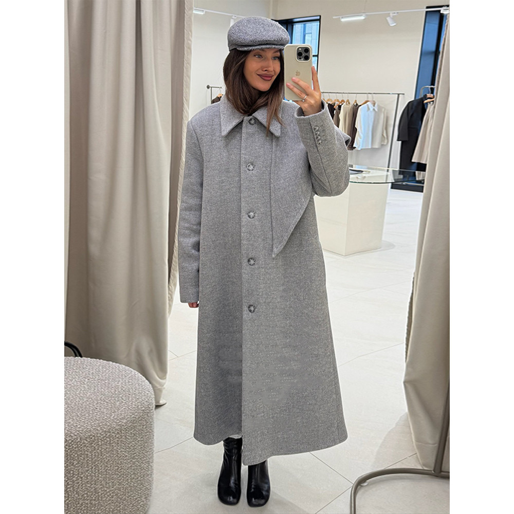 Women Gray Scarf Collar Woolen Overcoat Chic Shoulder Pad Single-breasted Long Sleeve Coat Casual