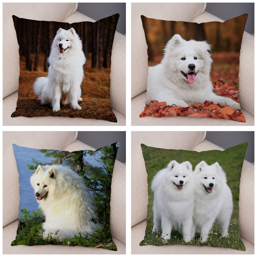 50 Style Cute White Dog Samoyed Cushion Cover Decor Lovely Pet Animal Pillow Case Soft Plush Pillowc
