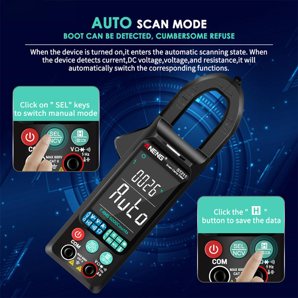 ANENG ST211 Digital Clamp Meter Multimeter Digital Ammeter Clamp 6000 Counts AC DC Current Voltage T