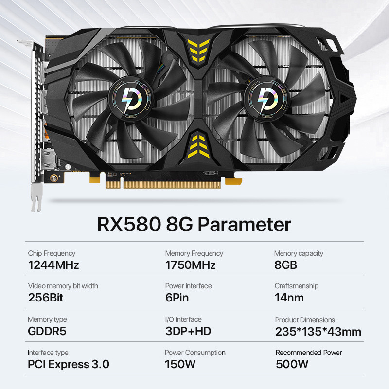 PELADN Graphics Cards RX 580 8GB GDDR5 GPU Mining Shaders 2048 Unified Video Card RX580 8G Computer 