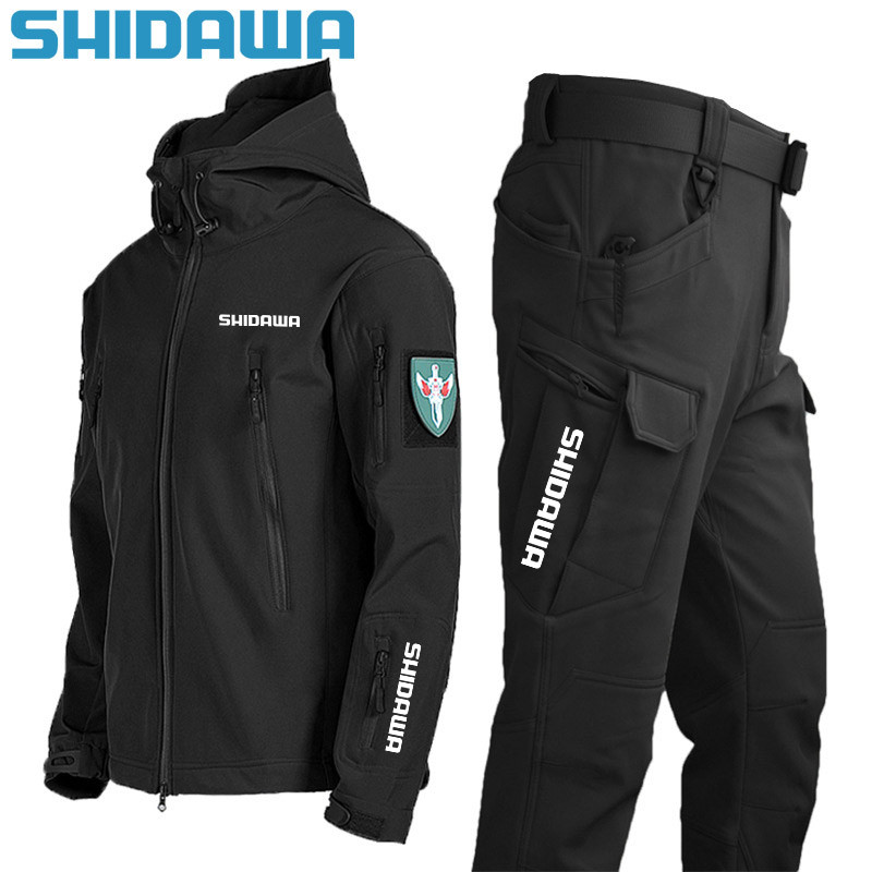 Shidawa Autumn Winter Men's Waterproof Warm Fishing Set Windproof Hooded Jacket+Army Combat Pants
