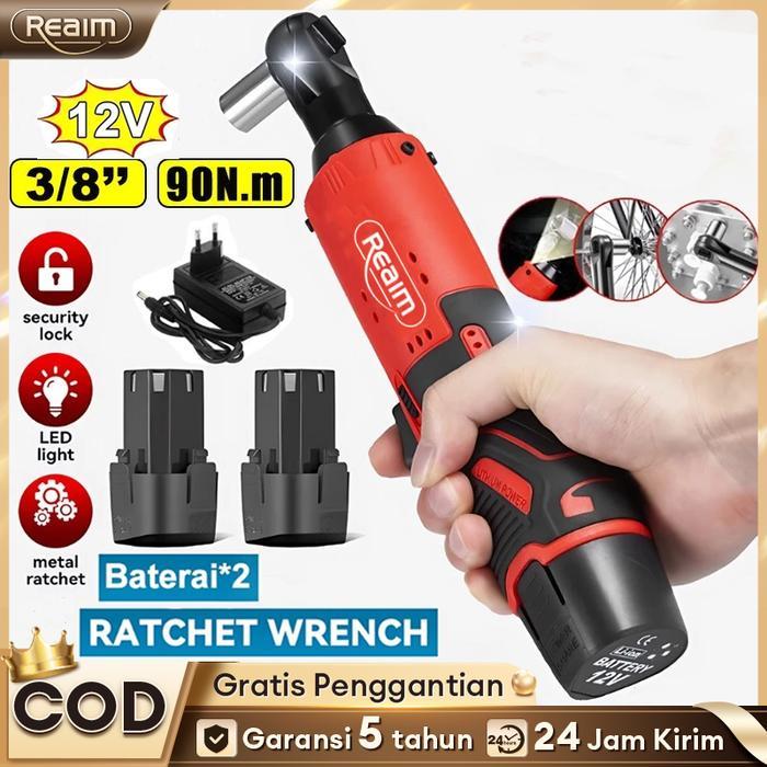 REAIM Kunci Rachet Listrik 12V 3/8" Cordless Electric Ratchet Wrench Set Torsi Kuat, Ringan &