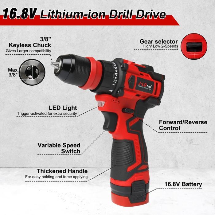 JLD BRUSHLESS IMPACT DRIVER BOR BATERAI IMPACT BOR MESIN CORDLESS 16.8V BOR CAS(10MM CHUCK 2 IN 1)