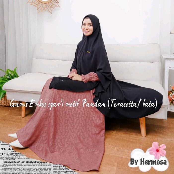 [Gamis Hermosa]Gamis Embos Hermosa Motif Pandan Hitam, Putih Dusty, Hijau Botol, Abu Basah, Ungu,