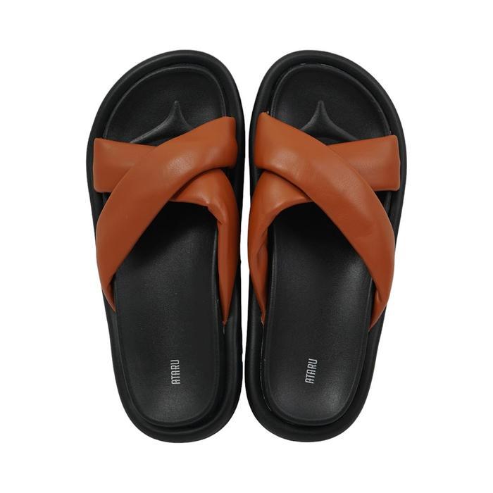 Ataru Ukuran 37 Sandal Wanita Slide Pu Cross Strap - Cokelat Women Slipper Sendal Kasual Alas Kaki