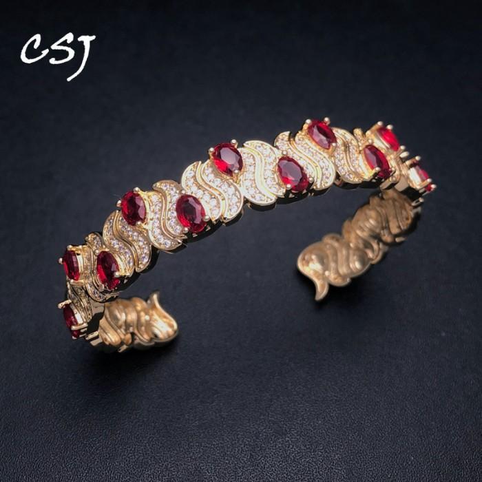 Elegant Ruby Cuff Bangle Created Red Corundum Gemstone Bracelet Yellow Gold For Women Lady Party