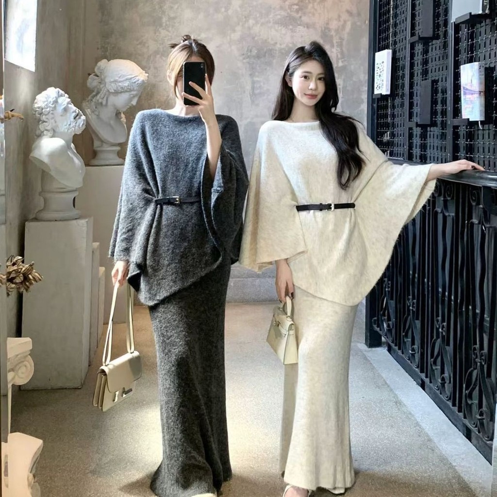 Set Outerwear Rajutan Poncho + Gaun Tank Wanita Lengan Panjang - Bahan Polyester, Desain Santai, Nya