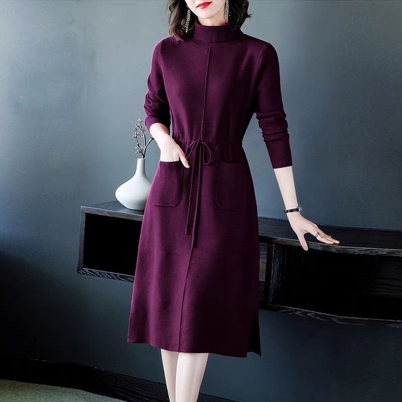 Turtleneck Knitted Dress Temperament Midi Dress Ladies Knitting Lacing Dresses Autumn Winter Elegant