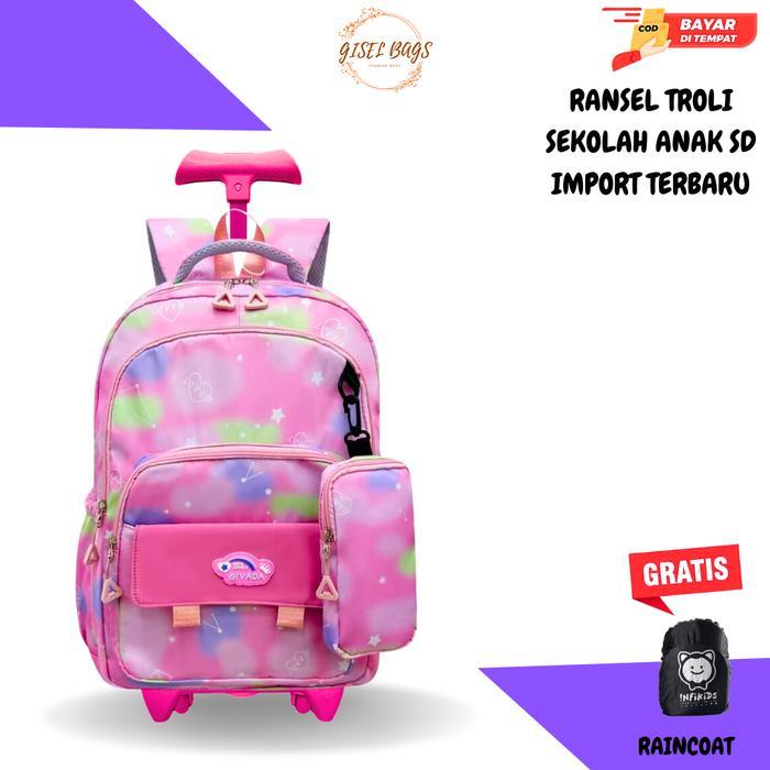 Tas Dorong Roda Anak Perempuan Sd Remaja Motif Warna Rainbow Waterproof