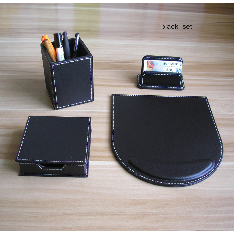4PCS /set wooden leather desk office stationery organizer pen holder pencil case card note case desk