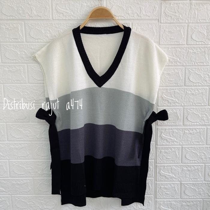 Avenza- Vest Nadia Rompi Rajut Tali Samping Model Stipy Pelangi Wanita Motif Panjang