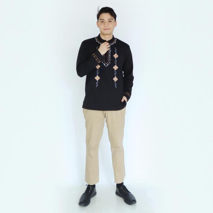 Kaospolos - Kaos Katun Baju Muslim Kerah Shanghai Lengan Panjang Pria Atasan Koko Dewasa Kurta Hitam