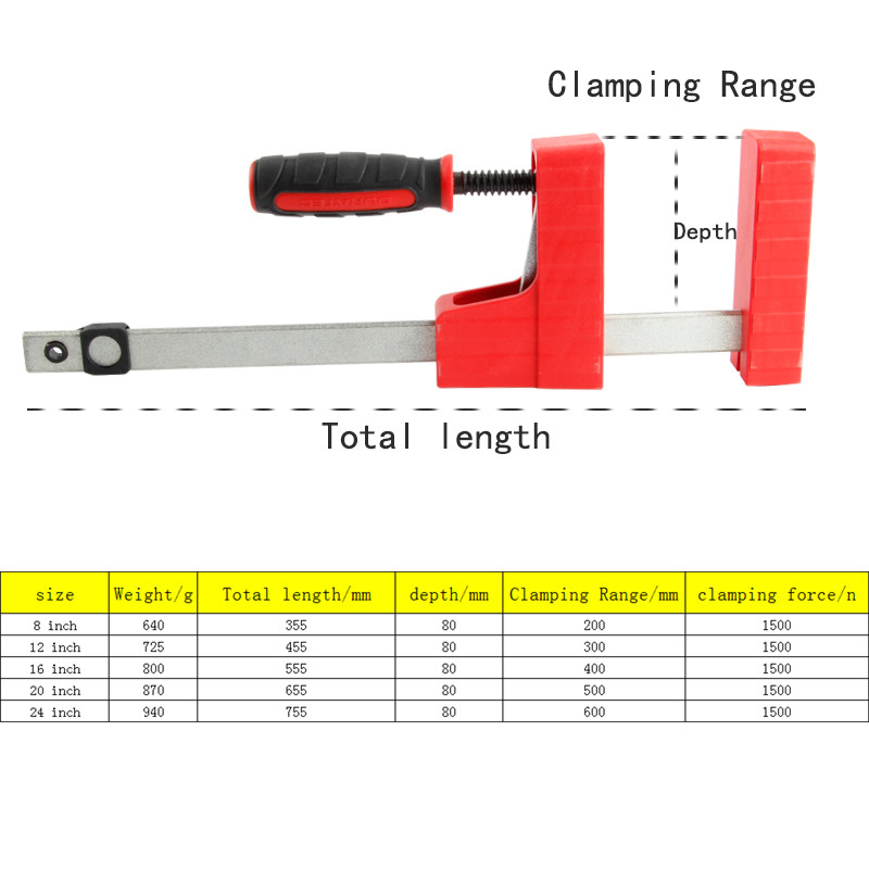 DURATEC 8-24 inch 1500N Heavy Duty F Parallel Clamp Large Fiture Clamp 80mm Depth Adjustable Clamps 