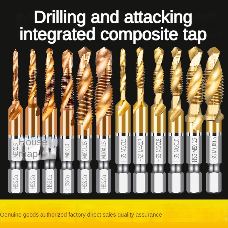 Titanium Plated Hex Shank HSS Screw Thread Metric Tap Cobalt-Bearing Drill Bits Screw Compound M3 M4