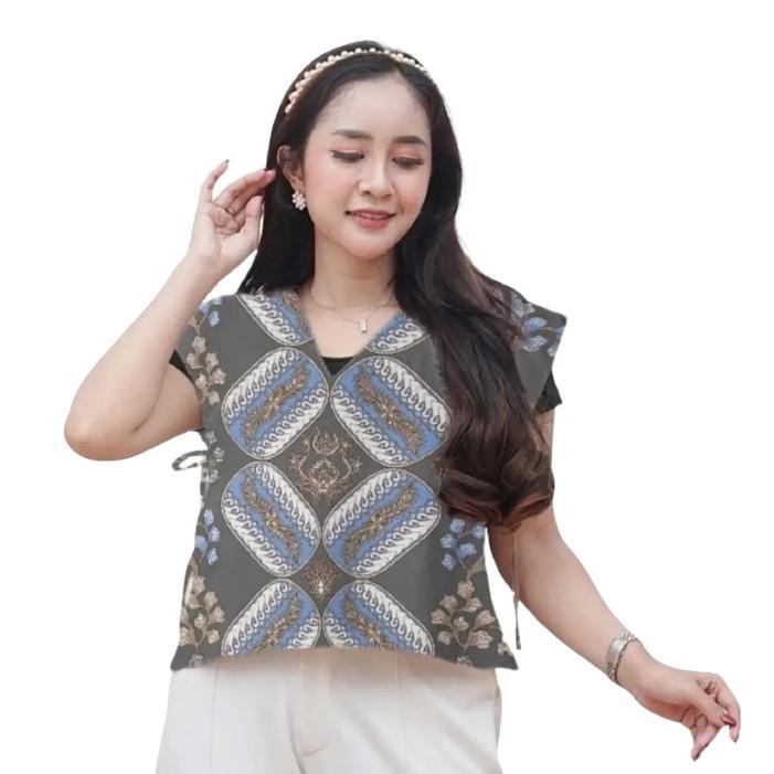 Vest Batik Outer Kotak Tali Korean Style Rompi Wanita Katun Panjang Atasan