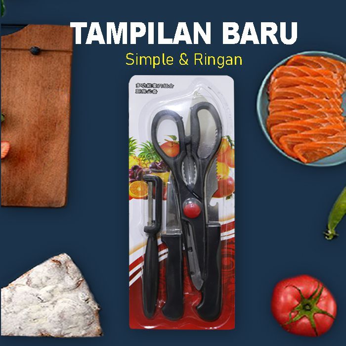 Set Pisau Dapur 4pcs Stainless Steel Premium | Pisau Daging | Pisau Sayur | Gunting | Pengubas Buah 