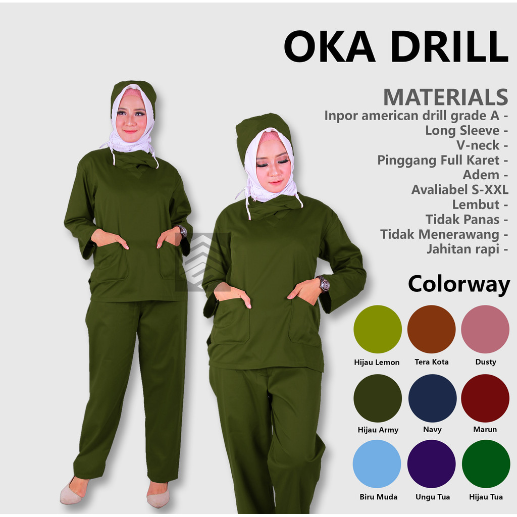 Baju Oka Perawat Jaga Rumah Sakit / Oka Lengan Panjang Warna Hijau Army Pria dan Wanita