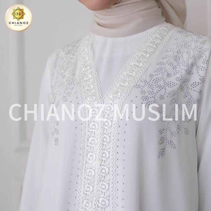 Chianoz Gamis Putih Mewah Clarissa Dress Brukat Renda Baju Lebaran Umroh Haji Maxi Syari Ceruty