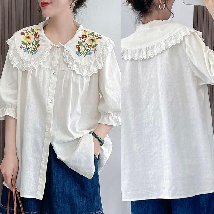 Blus Katun Putih Ivory Oversized Kerah Lebar Bordir Bunga & Renda Korea Import