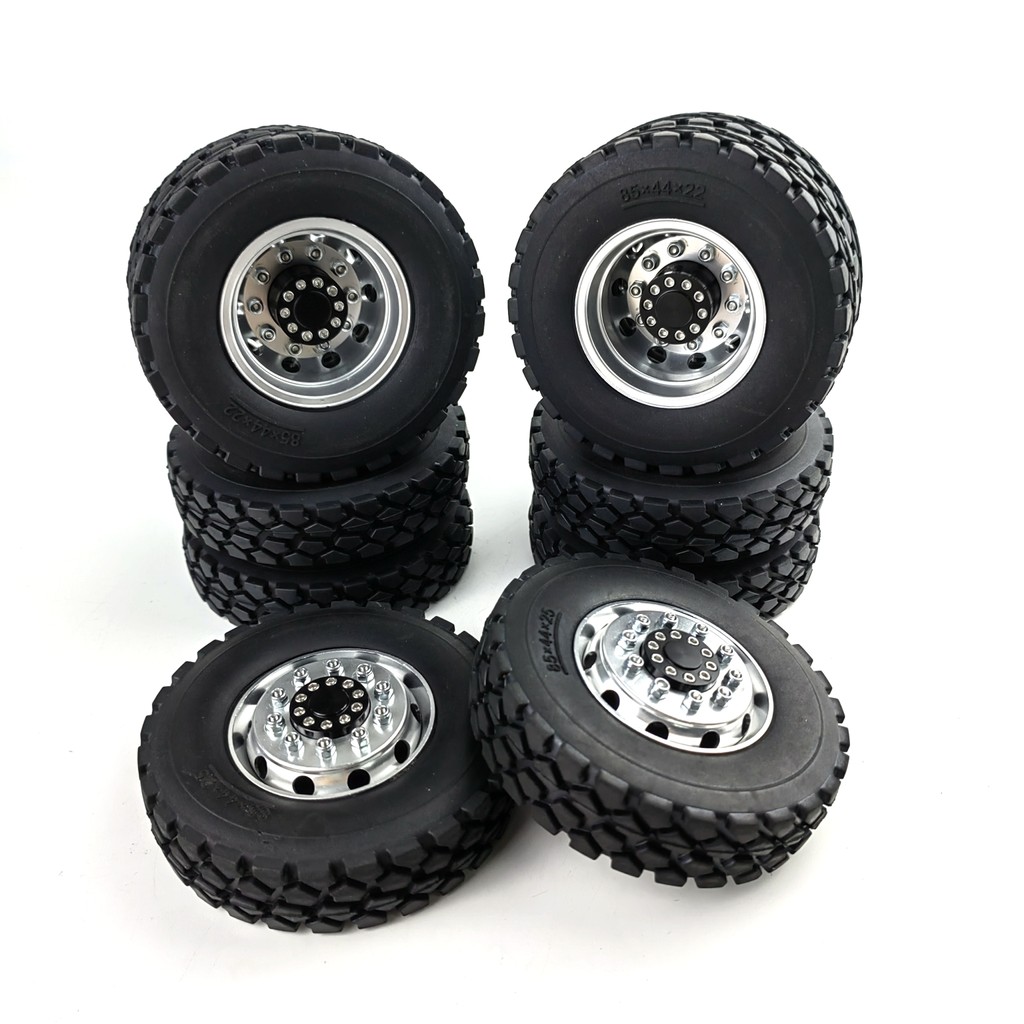 TRINOOD Front & Rear Wheel Tires Complete Set Metal Wheel Hub Rubber Tyre for 1/14 Tamiya RC Tractor