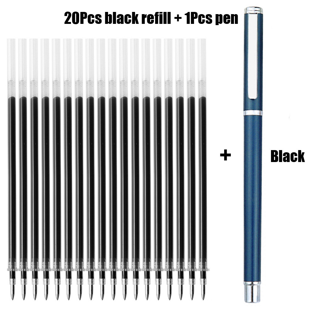 1+20Pcs Metal Gel Ink Sign Pen Rotating 0.5MM Black Switzerland Refill Business Signing School