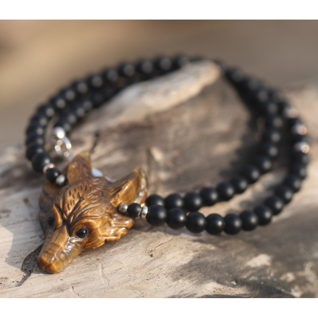 Wolf spirit protection necklace Tiger Eye & Black Onyx Kambaba Jasper necklace