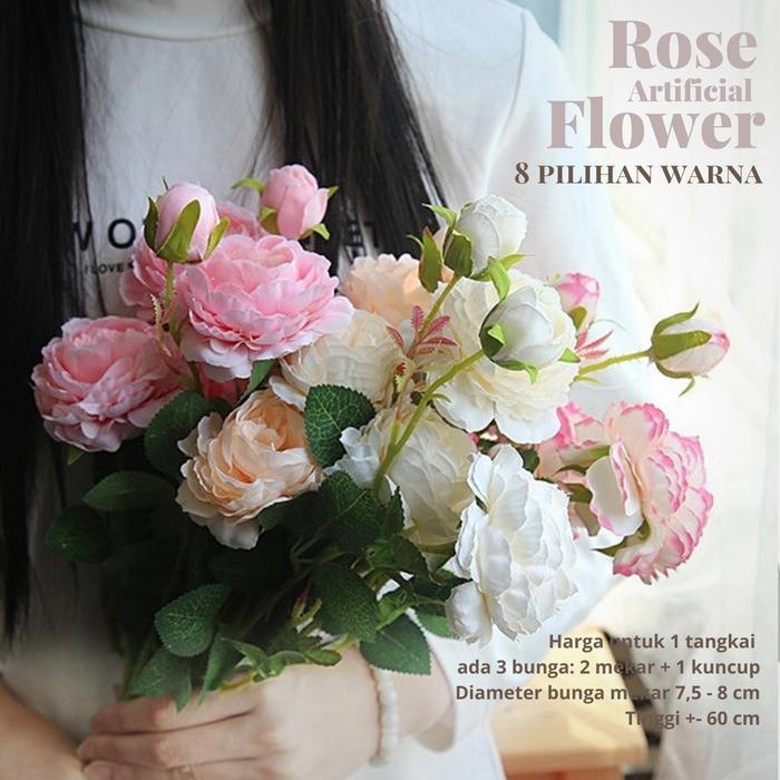 Satu Tangkai 3 Bunga Mawar Artificial Plastik Palsu Hias Shabby Murah