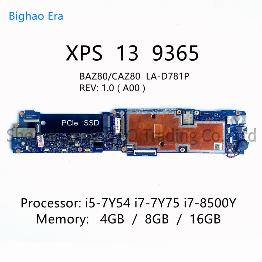 BAZ80 CAZ80 LA-D781P For Dell XPS 13 9365 Laptop Motherboard With i5-7Y54 i7-7Y75 i7-8500Y CPU 4GB/8
