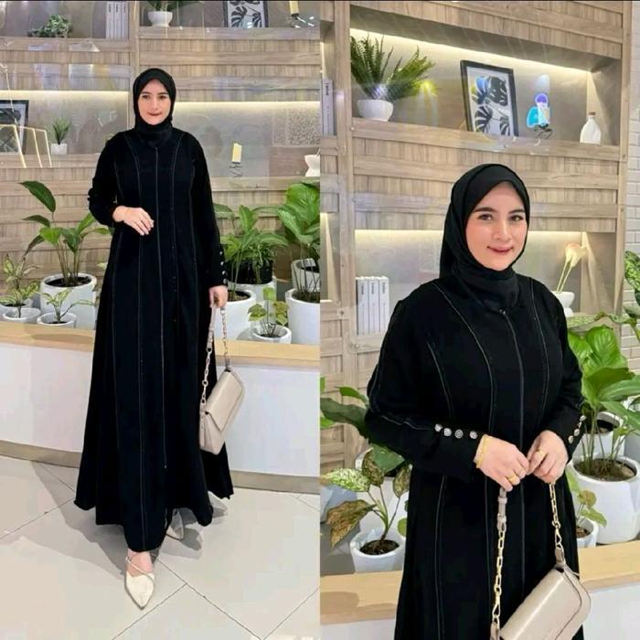 [Potongan Harga] Gamis Abaya Arab Turkey Hitam Polos Reyna Bahan Wolfis Motif Elegan dan Mewah Busui
