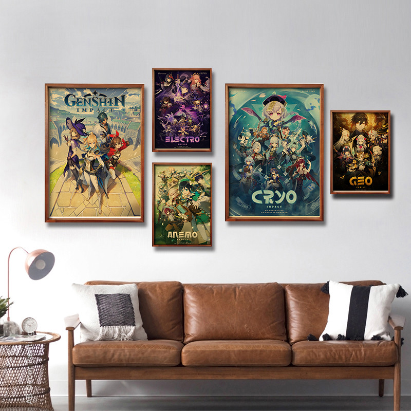 Genshin Impact Poster Character Hu Tao/Ganyu/Xiao/Venti/Klee/Zhongli Retro Prints Vintage Home Room 