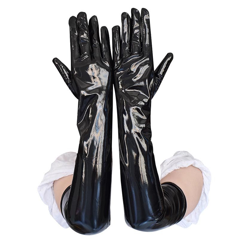 Adult Black Sexy Long Black Latex Punk Rock Gloves Look Faux Leather Gloves Disco Clubwear Dance