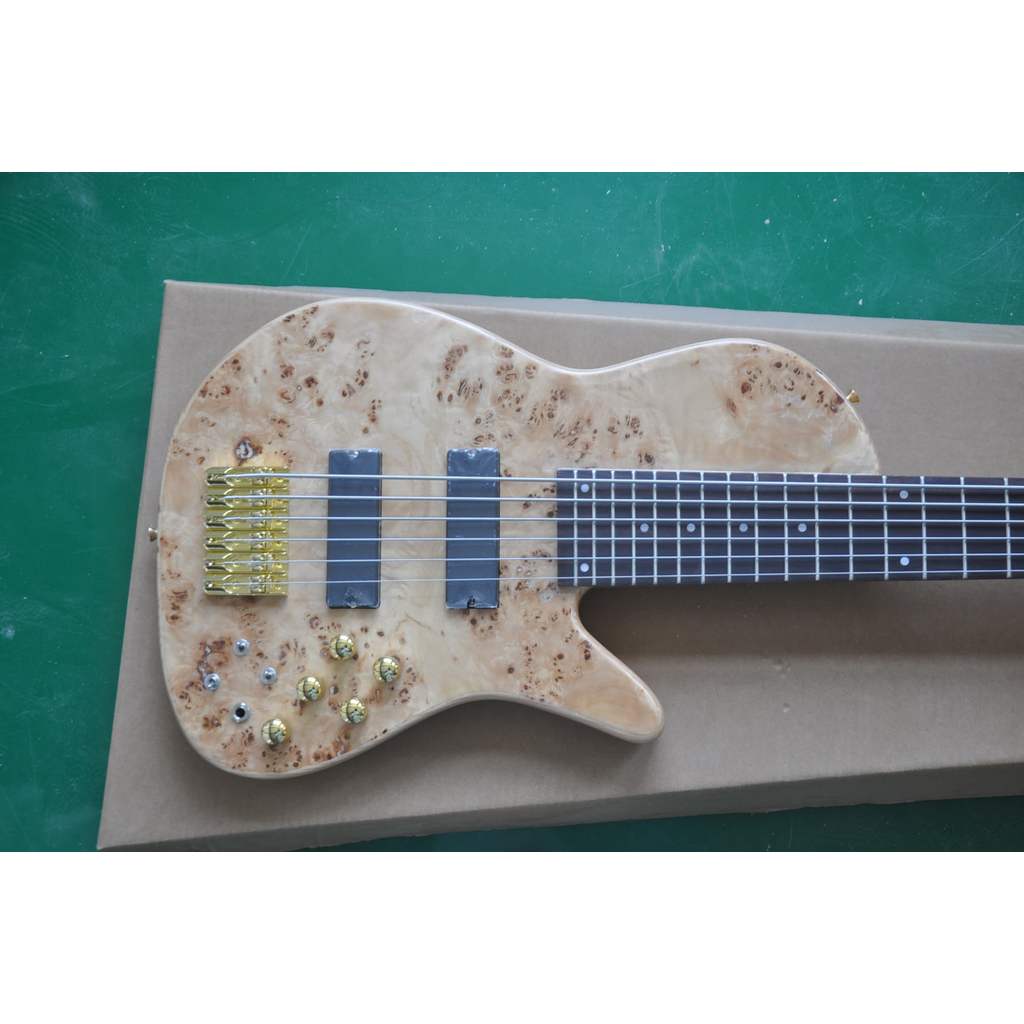 Natural Wood 6 String Bass Guitar Gold Hardware Bass Guitar stock 25 512