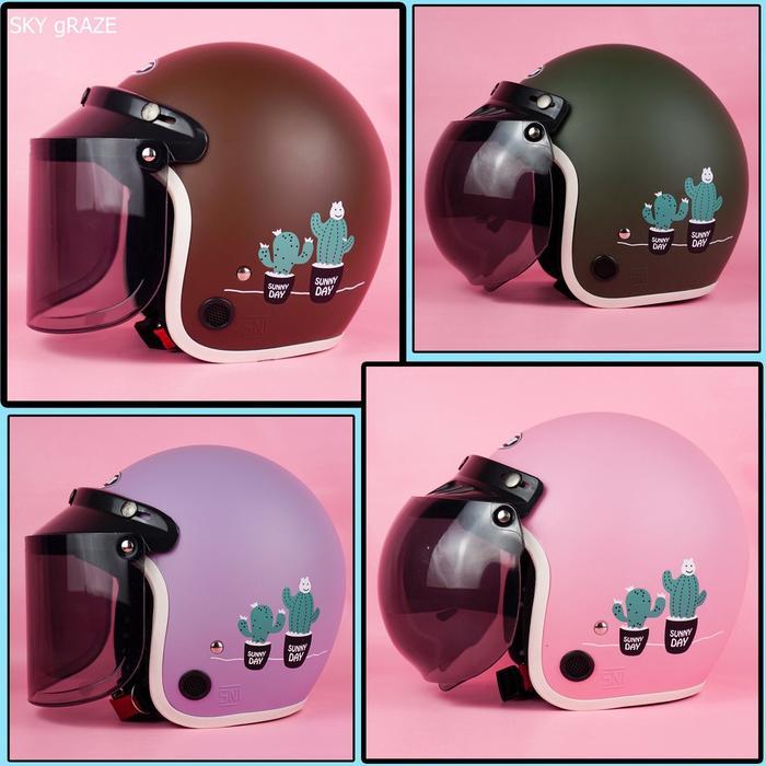HELM BOGO MOTIF WANITA DEWASA AESTHETIC KAKTUS KACA DATAR HITAM