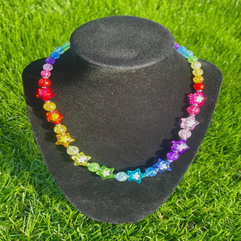 Y2K Handmade Rainbow Jelly Star Bead Necklace - Cute Aesthetic Y2K Jewelry for Women Girls Daily