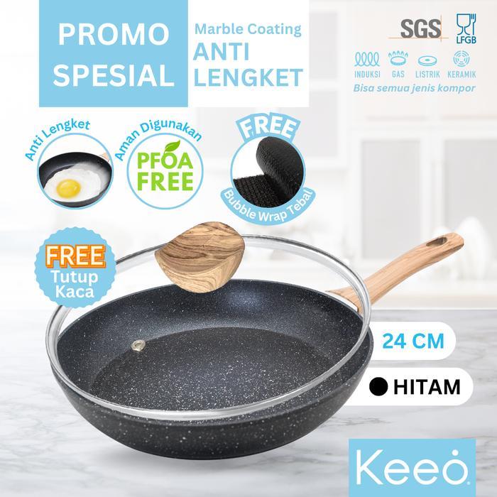 Keeo 24 cm Paket Wajan Teflon Penggorengan dan Tutup Kaca Anti Lengket Marble Granit