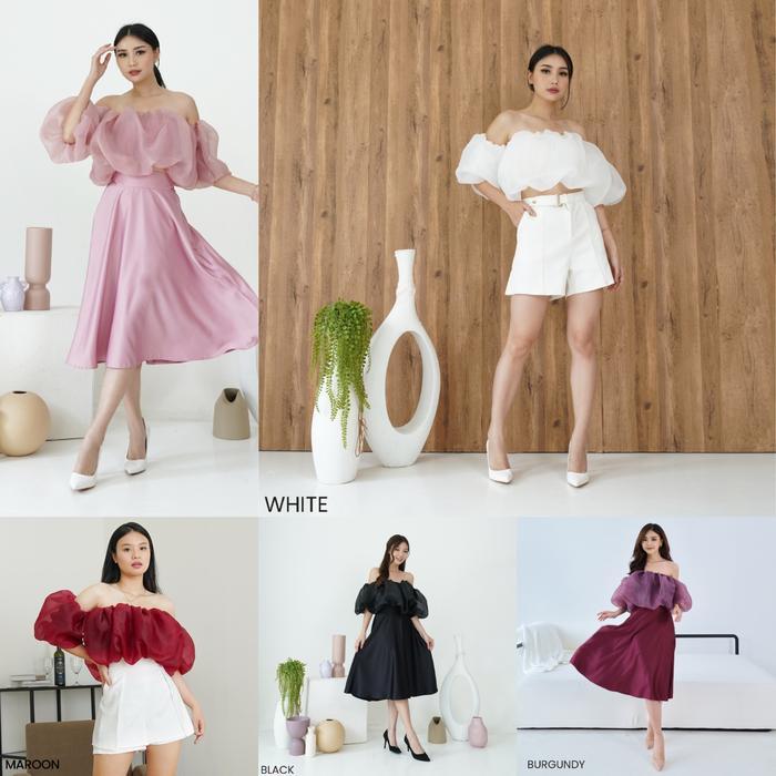 Crosi Crop Top Satin Atasan Organza Wanita Pesta Party Kondangan