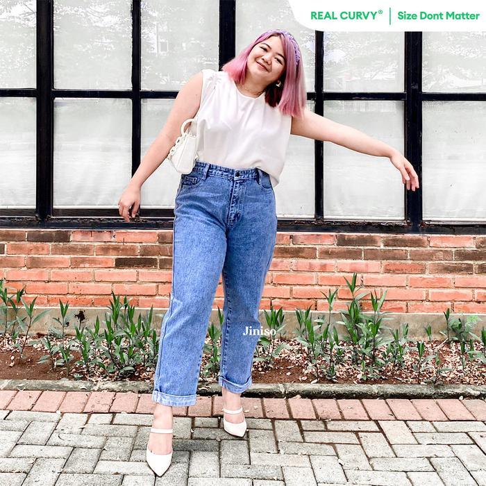 Jiniso Real Curvy - 1302 Jumbo Boyfriend Highwaist Celana Jeans Wanita Warna Blue Acid