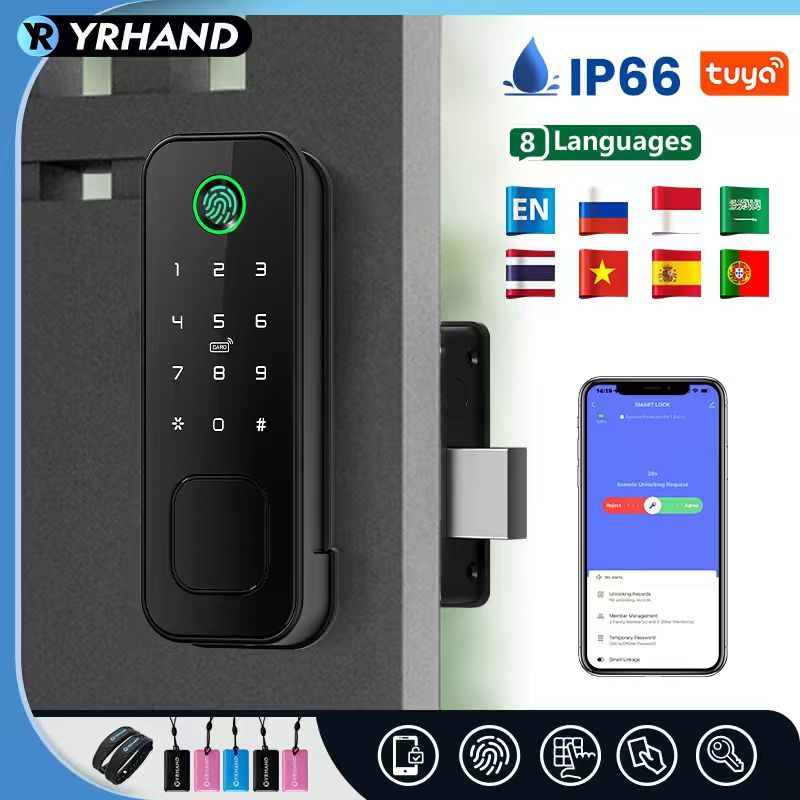 Tuya wifi 8 language Fingerprint IP66 Waterproof Outdoor Gate Passcode Rfid Card Keyless Smart Rim
