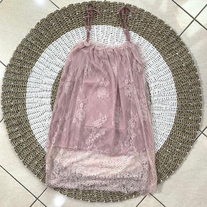 Santaibju- Onefashionmall Bt002 Longnight Set Dress Baju Tidur Wanita Tanpa Lengan Bahan Lace Daster