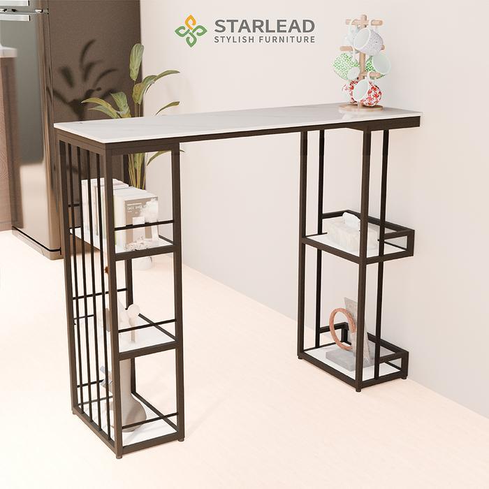 STARLEAD Set Meja Bar Minimalis Sintered Stone Fortis White - Bar Dining Table Meja  Dapur Mini Ting