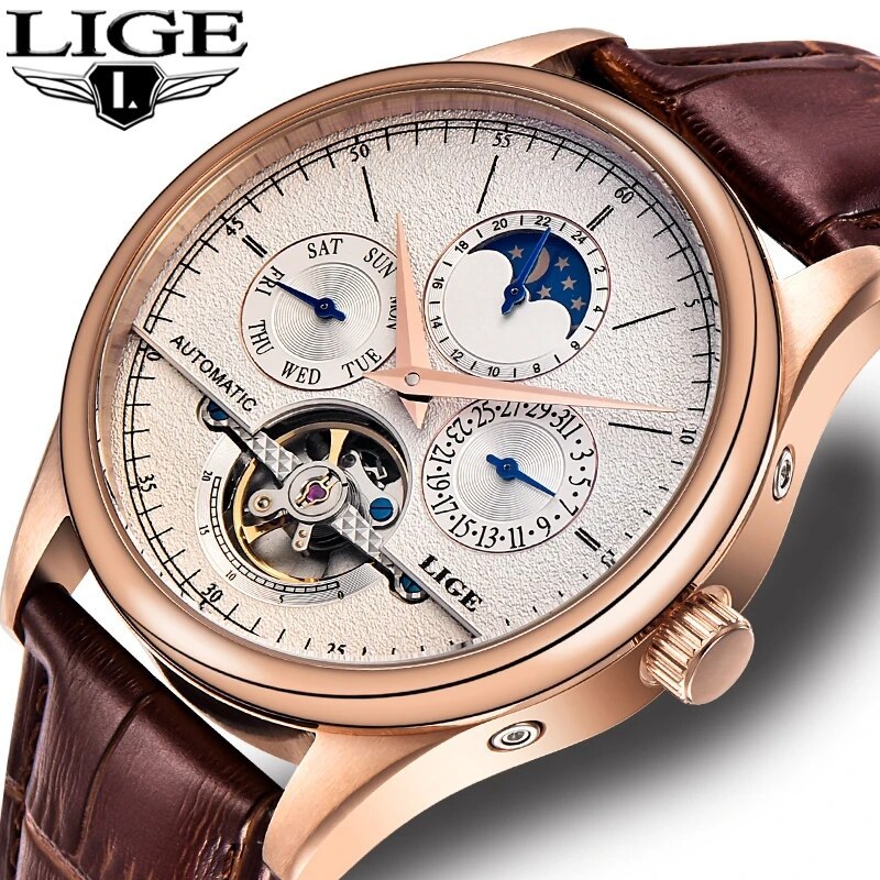 LIGE Men Watches Automatic Mechanical Watch Tourbillon Clock Genuine Leather Waterproof Watch Men